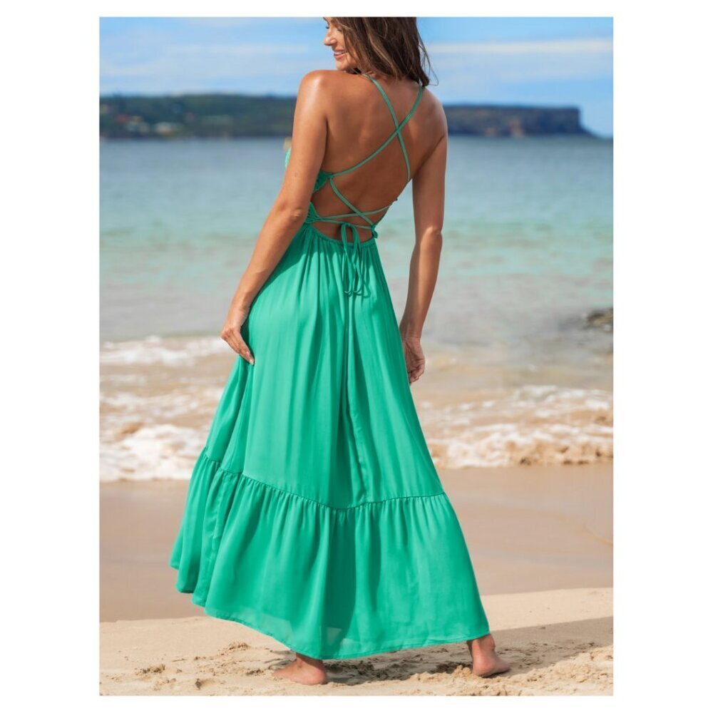 NWT Cupshe Women's Kelly Green Crochet Backless Lace-Up Maxi Dress Size Large - Picture 3 of 14